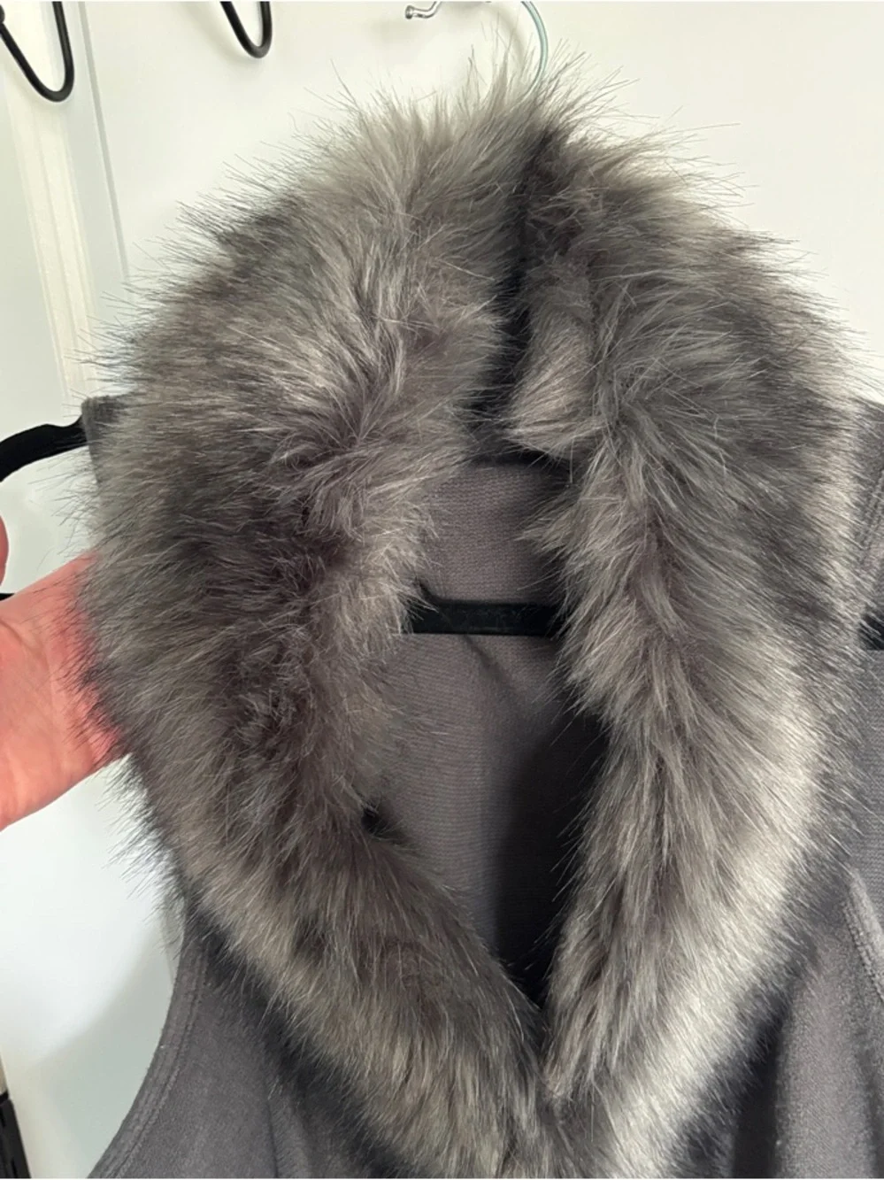 Surell Gray Faux Fur-Trim Sleeveless Cardigan